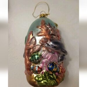 Vintage Hand Blown Glass Coastal Dolphin Coral Ocean Tropical Christmas Ornament